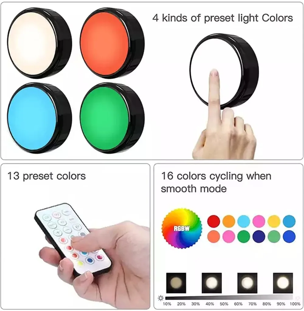 LED Puck Lights Dimmable RGBW 13 Colors Kitchen Hallway Closet Cabinet Lights Touch Sensor Decor Night Lamp Remote Control