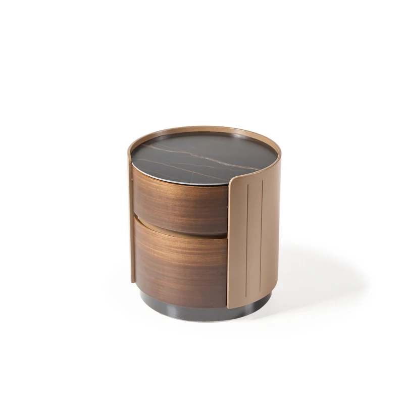 Modern Solid Wood Round 2 Drawer Simple Bedside Table Bedroom Rock Panel Bedside Table