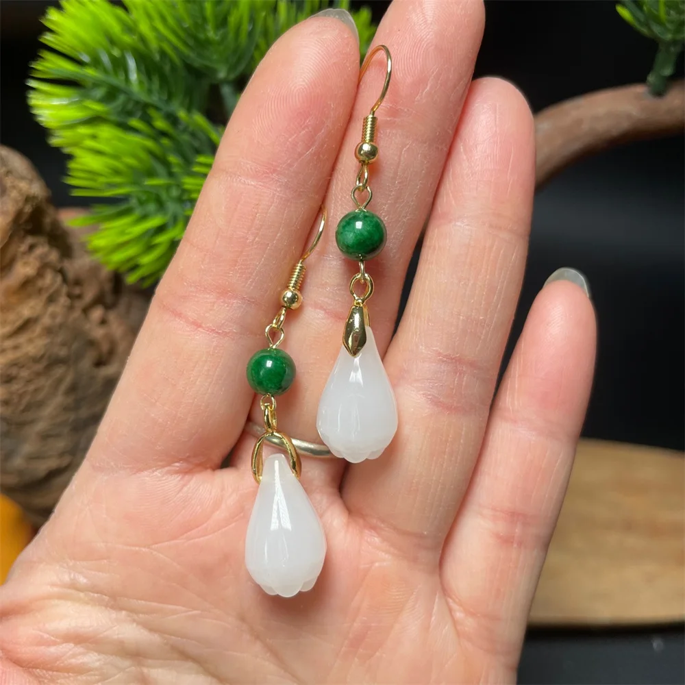 14K Gold White Green Jade Mangnolia Flower Drop Earring Chinese Vintage Hook Earrings for Women Girl's Jewelry Accessories