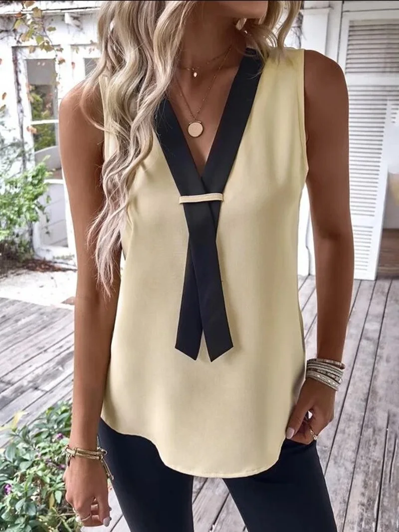 Fashion Sleeveless V-neck Tank Top Women Solid Casual Blouse Shirt 2023 Summer Elegant Office Womens Tops And Blouses