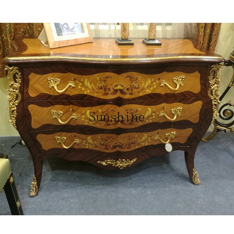 

American solid wood storage retro brown-gold sticker veneer 1.35m copper engraved entrance cabinet