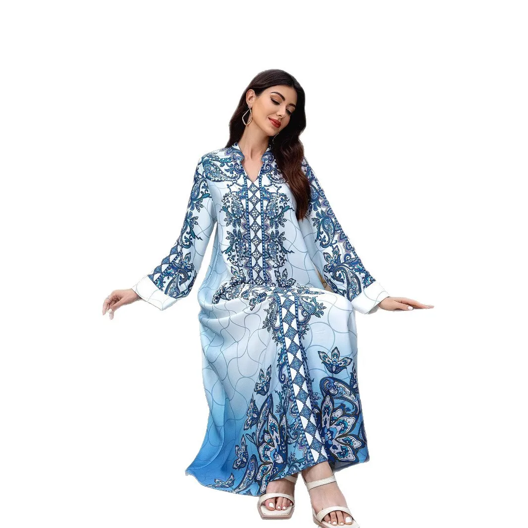 

Fashion Printed V-neck Loose Dress Women's Foreign Trade Wholesale Beaded Hot Diamond Robe