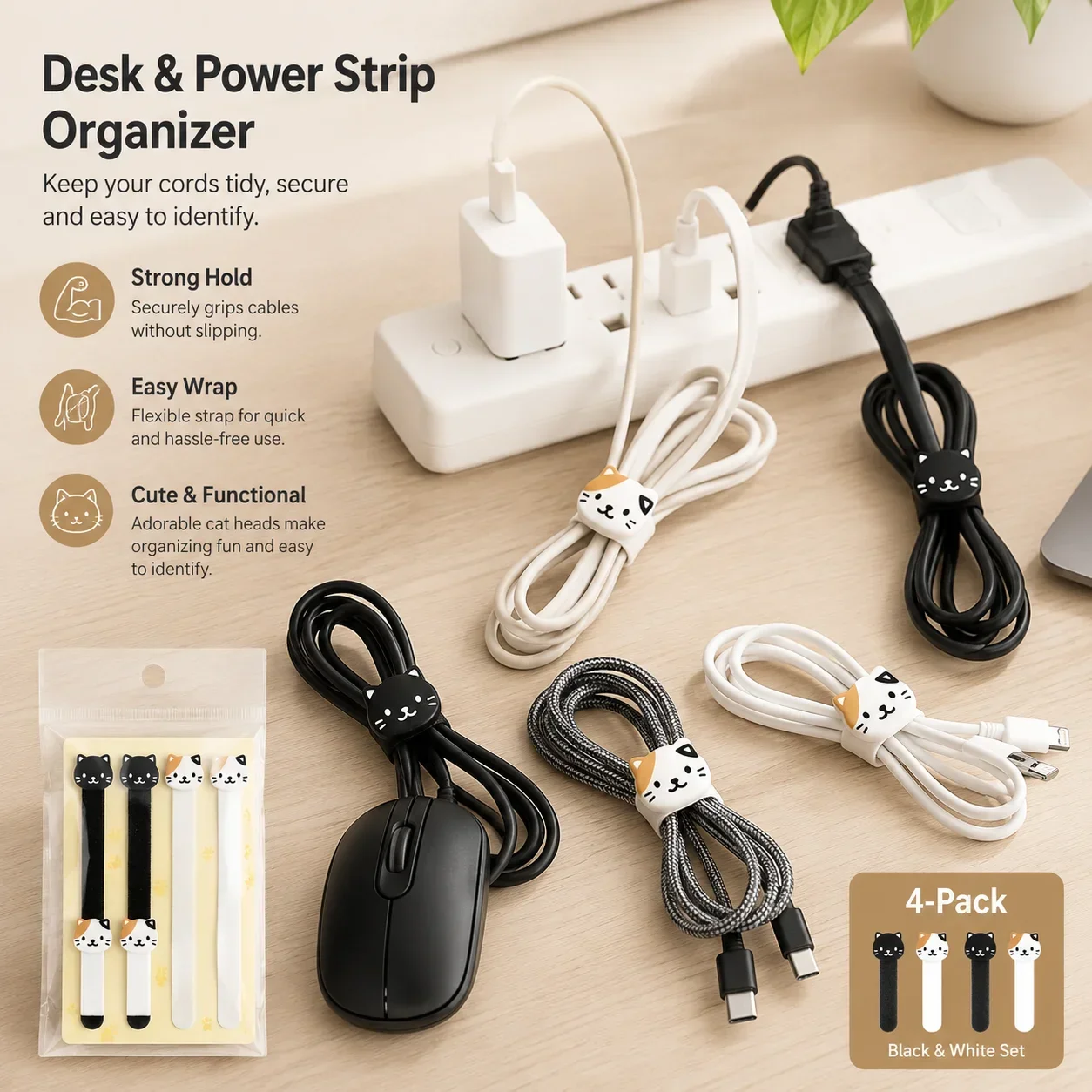 Reusable Cat Cable Ties, Cute Self-Adhesive Hook and Loop Cord Winder for Phone Chargers and USB Cables