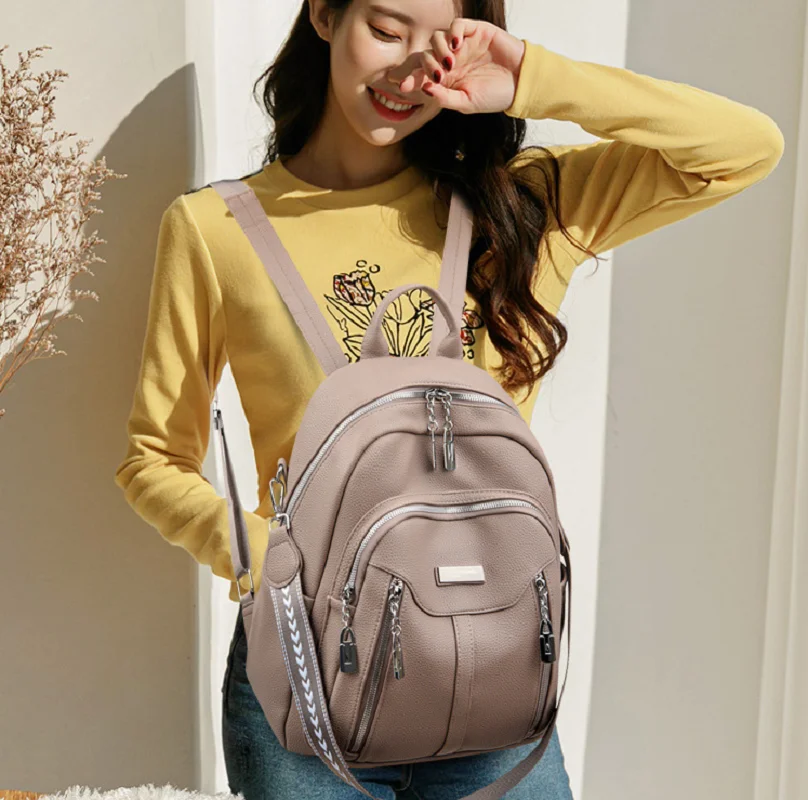 

New Korean Fashion High Quality Soft Leather Travel Double Zipper Shoulder Bags Women's Large Capacity Backpacks School Bag