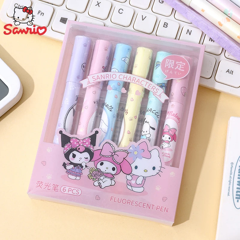 Sanrio Highlighter Pen Set Kawaii Hello Kitty Kuromi Melody Cinnamoroll Art Fluorescent Markers Pens Painting Graffiti Pen Set