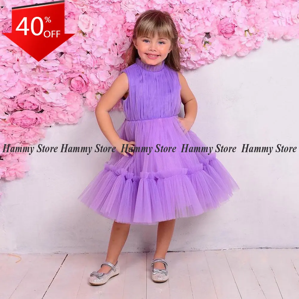 

Cute Tutu Flower Girl Dress High Neck Sleeveelss Ruched Pleat Soft Tulle Puff Kids Birthday Party Dresses First Communion Gown