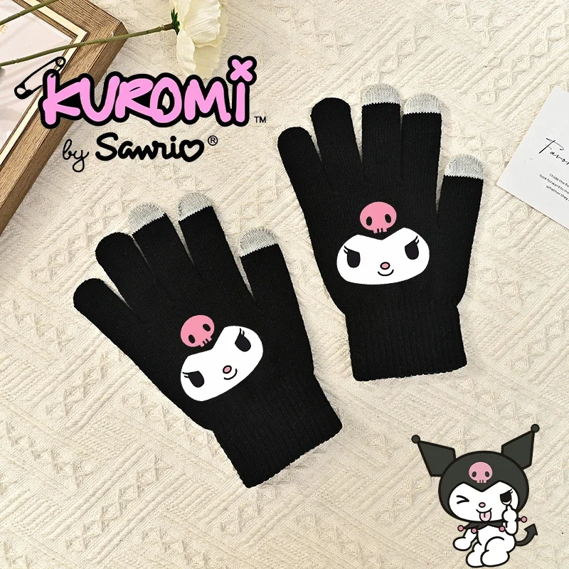 Sanrio Kuromi Children's Five Finger Gloves Cute Warmth Touchable Screen Knitted Glove Fashion Cartoon Anime Winter Printed Gift