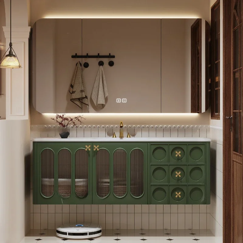newOriginal oak French retro bathroom cabinet combination toilet washbasin cabinet cream wind wall hanging smart