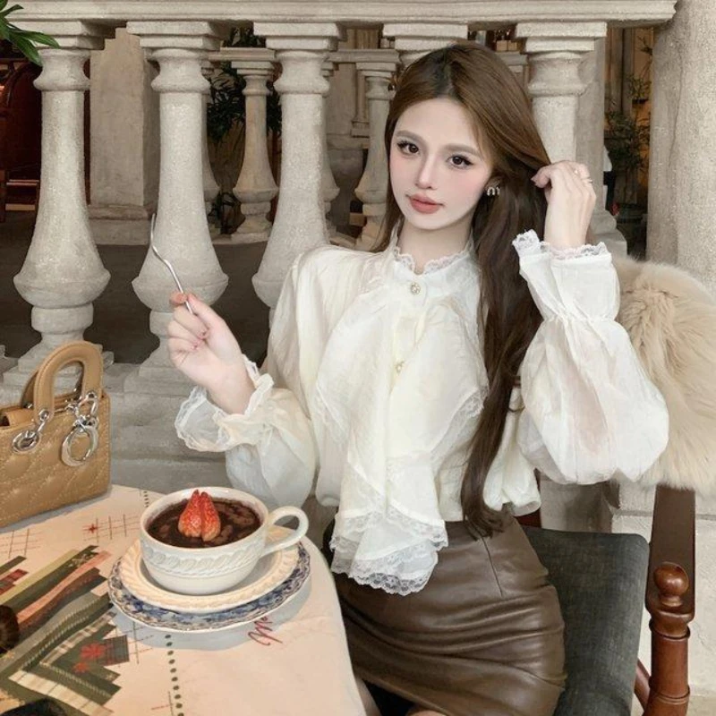 Women Clothing Temperament Lace Patchwork Shirt Tops Spring Autumn New Solid Pleated Patchwork Elegant Blouse Fashion Korean