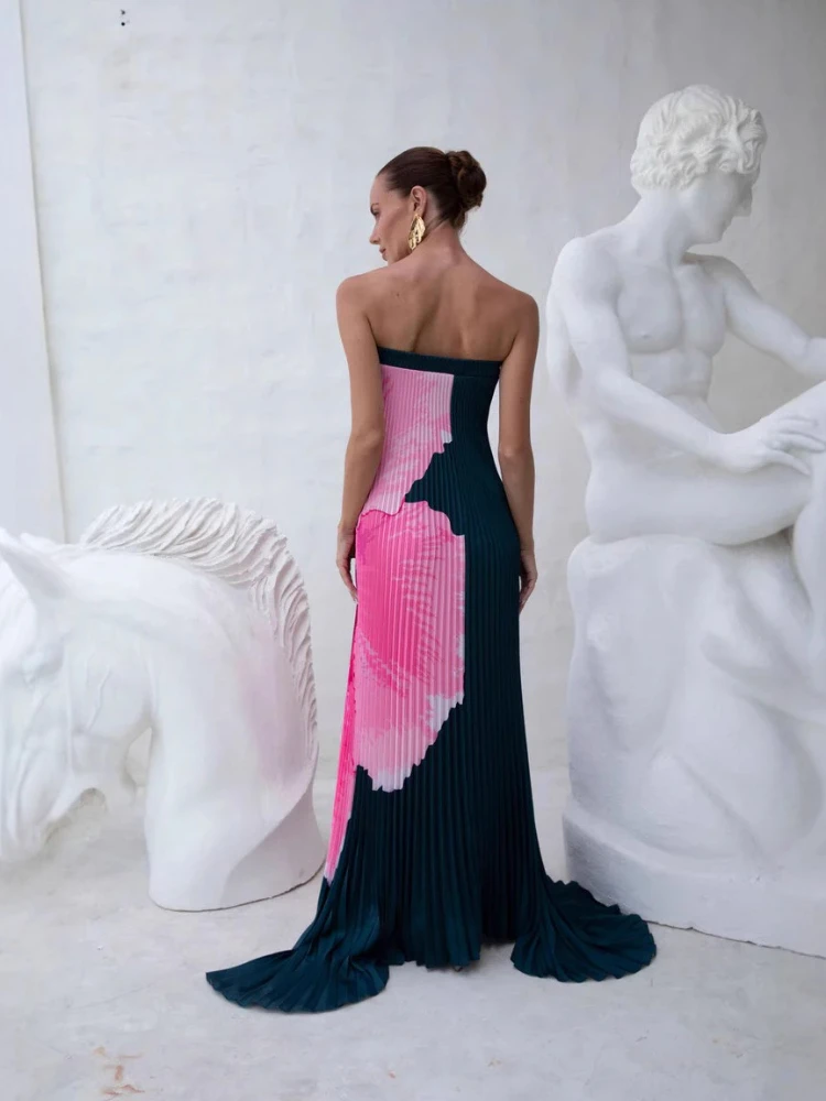 Moda damska lato 2025, elegancka i seksowna sukienka maxi w stylu boho z zakładkami, luźna, z dużym zamachem, z nadrukiem.