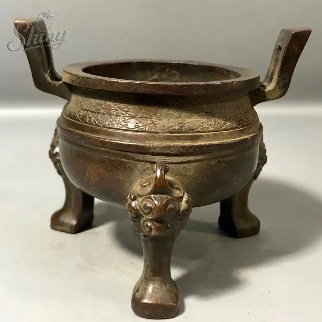 

3.5" "xuande" marks China Ancient bronze beast head three-legged Incense burner Censer statue