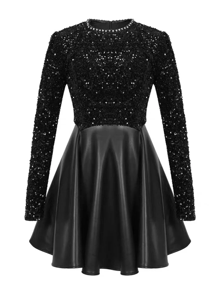 Abiti da donna Moda Dolce Abito da ballo Donna Elegante Lusso Nero Luminoso Paillettes PU Ecopelle Abito da ballo Party Club Abiti