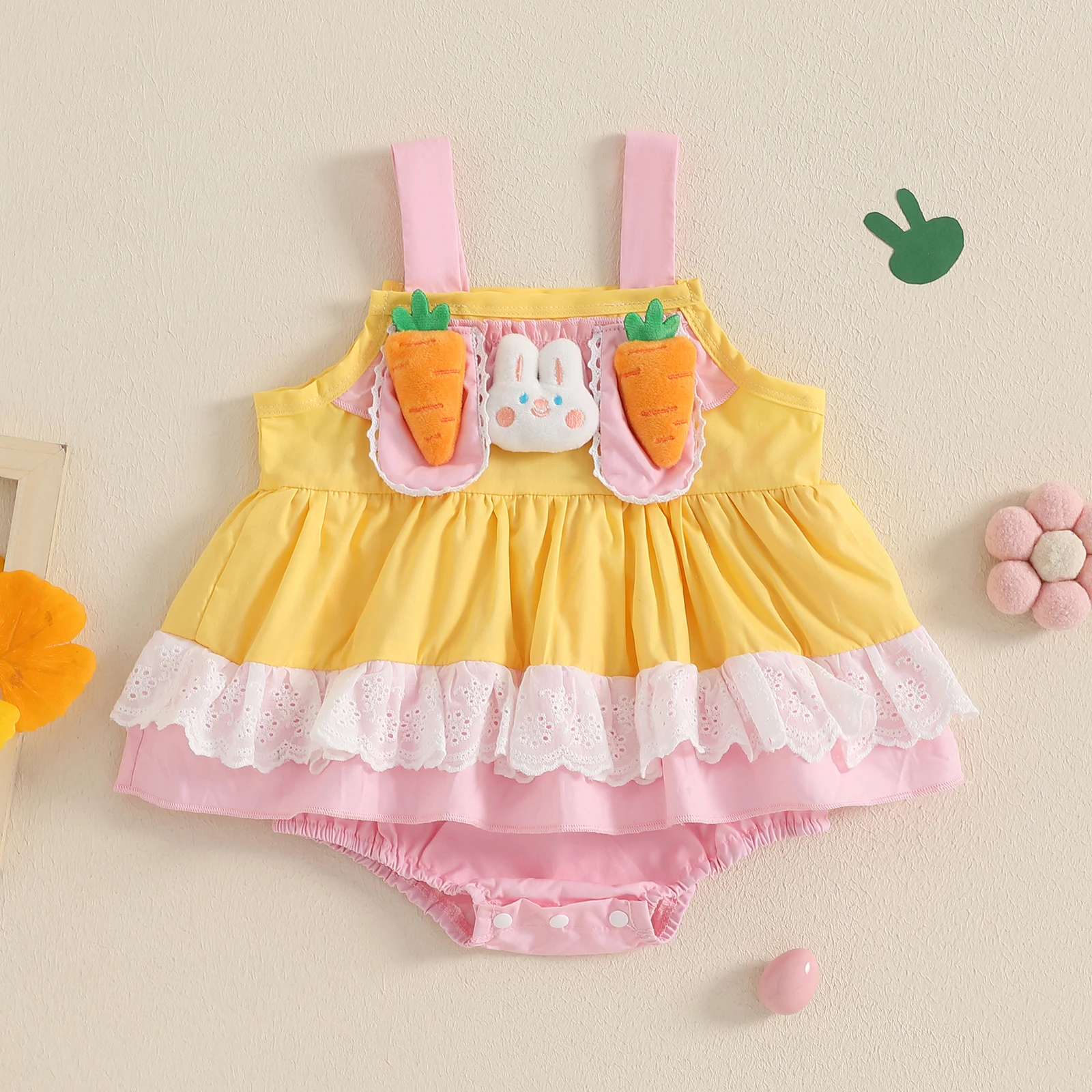 

BeQeuewll Easter Baby Girls Romper Dress Summer Sleeveless Bunny Carrot Contrast Color Patchwork Infant Bodysuit Newborn Clothes