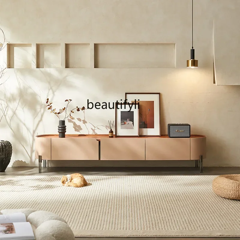 Italian light luxury TV cabinet coffee table combination small apartment modern simple video cabinet saddle leather