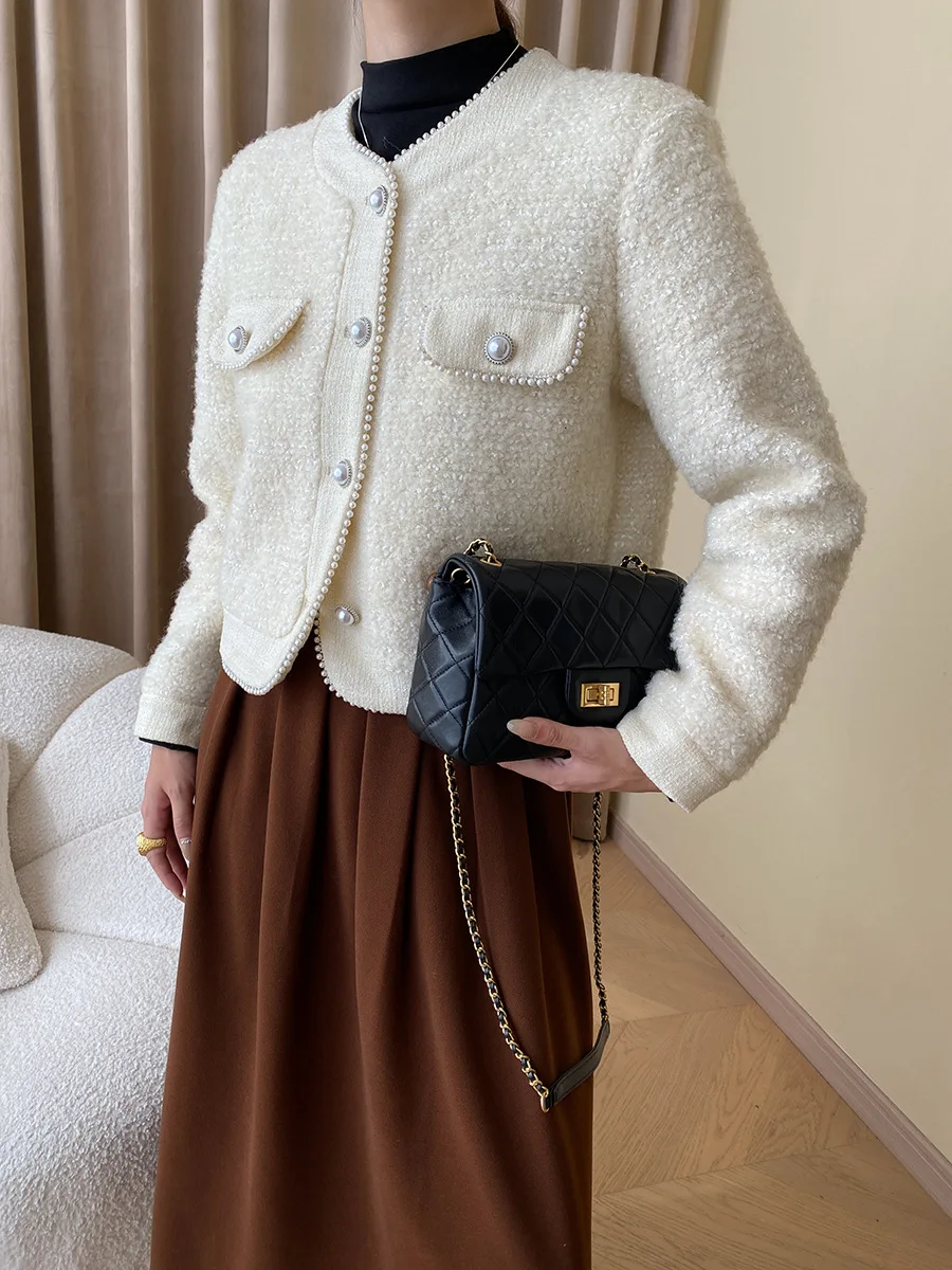 

Women's Autumn Winter Vintage Pearl Wrapped Knitted Thick Tweed Fragrant Coat Female Jackets