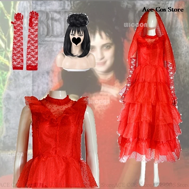 Lydia Beetle Halloween Cosplay Costume, Juice Red Tulle fur s, Gothic planchers y, Creepy Uniform, Girl Carnival Party, Dam Outfit