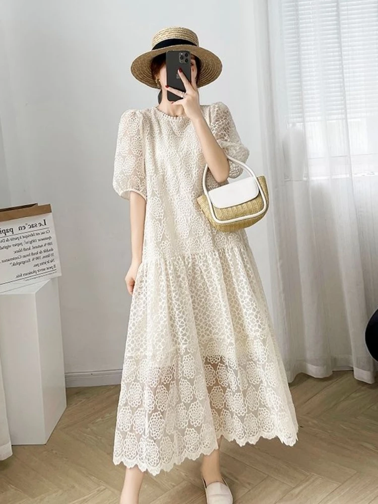 Elegant Round Neck Lantern Sleeved Long Dress Women Causal Loose Lace Hollow Out Dresses New Summer Female Street Robe