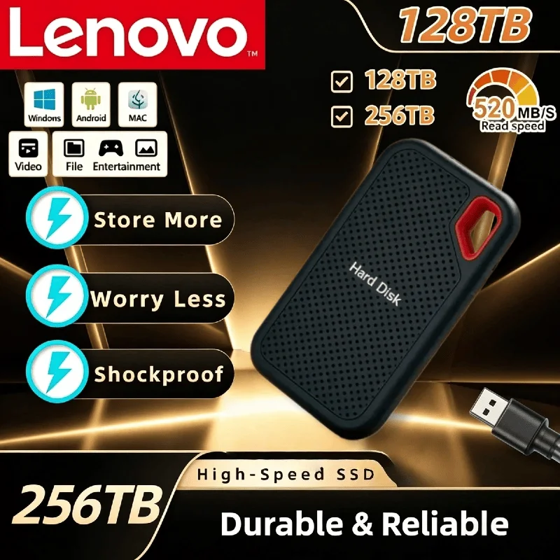 

Внешний SSD-накопитель Lenovo E61 256 ТБ: сверхбыстрая скорость передачи данных до 520 МБ/с, надежный внешний твердотельный накопитель для офиса, дома и учебы