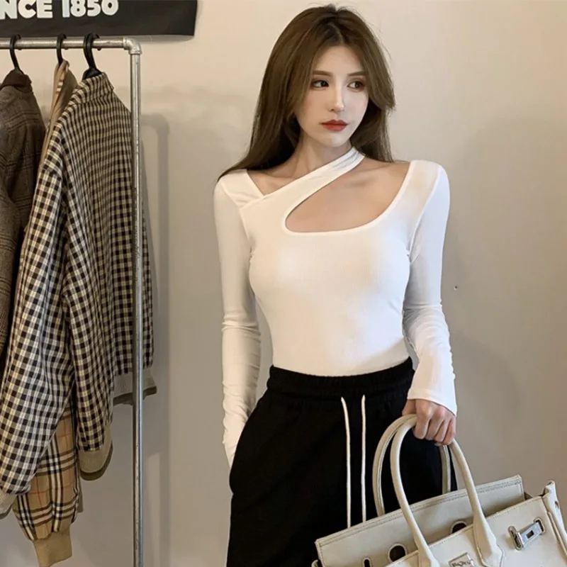 Y2K T-shirt Woman Autumn Sexy Skinny Tee Shirt Femme Long Sleeve Halter Clothes Hollow Out Korean Fashon Kpop Tops Tshirt