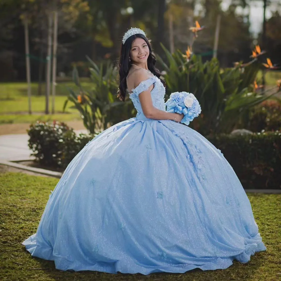 Céu azul quinceanera vestidos de baile tule applique 3d flores vestidos 15th festa aniversário princesa doce 16 vestido