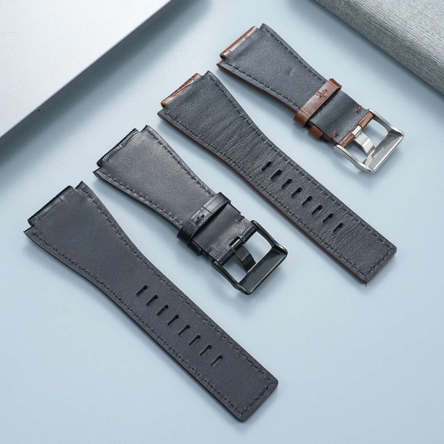 For BR Bell & Ross Genuine Leather Watch Strap, Cowhide with Raised Edge, 24mm Buckle, BR01, BR03, High-Quality Strap for Men