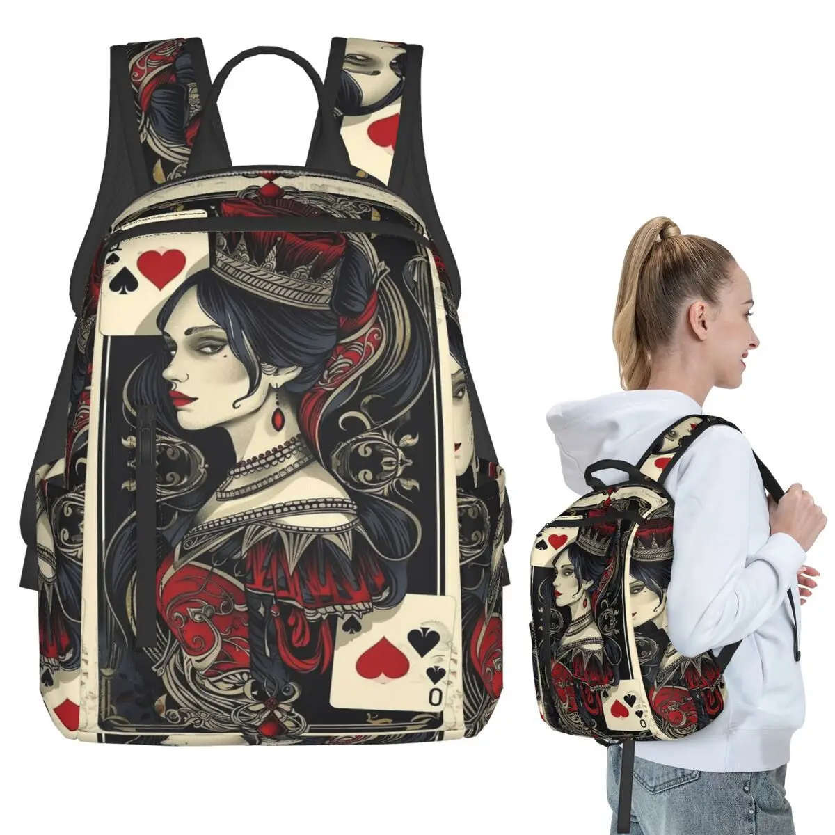 Casino Nights Red Queen Of Hearts Backpack Student BookBag Boys Girls School Bag Computer Shoulder Bags Men Women