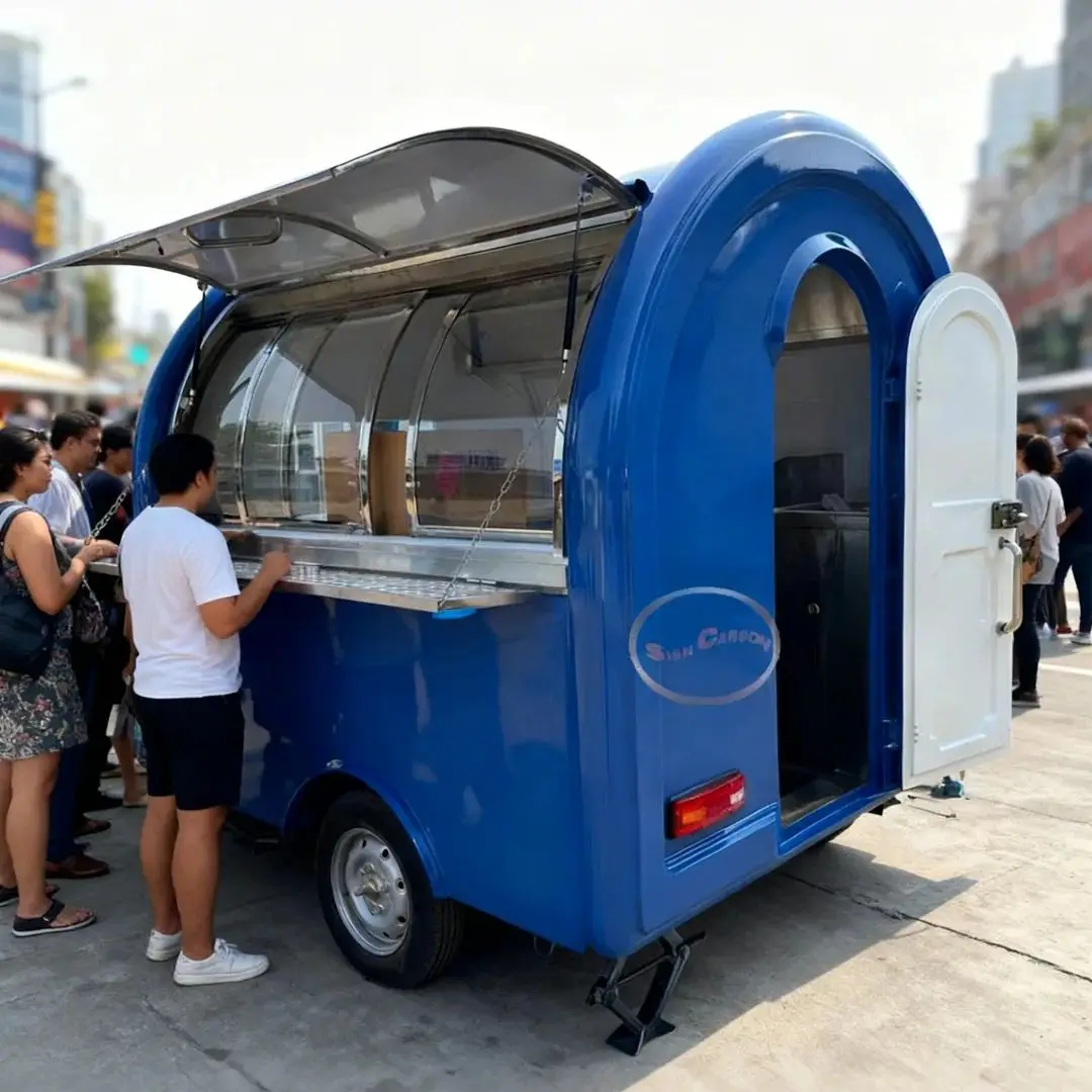

Vibrant Blue Outdoor Mobile Food Trailer, a Selling Cart with Simple Color Matching, Mobile Catering Business Equipment