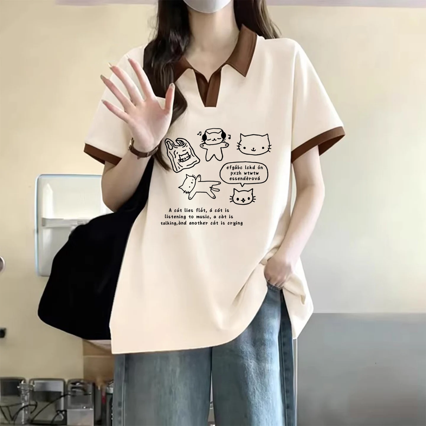Loose Fit Pure Cotton  Neck Short Sleeve T-Shirt Women's Summer New Style plus Size Color Block Collar Top Korean Style