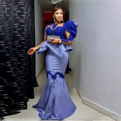 Royal Blue Lace Appliques Prom Dresses Aso Ebi Arabia Peplum Mermaid Evening Gowns Sweep Train Formal Party Dress Robe De Soiree