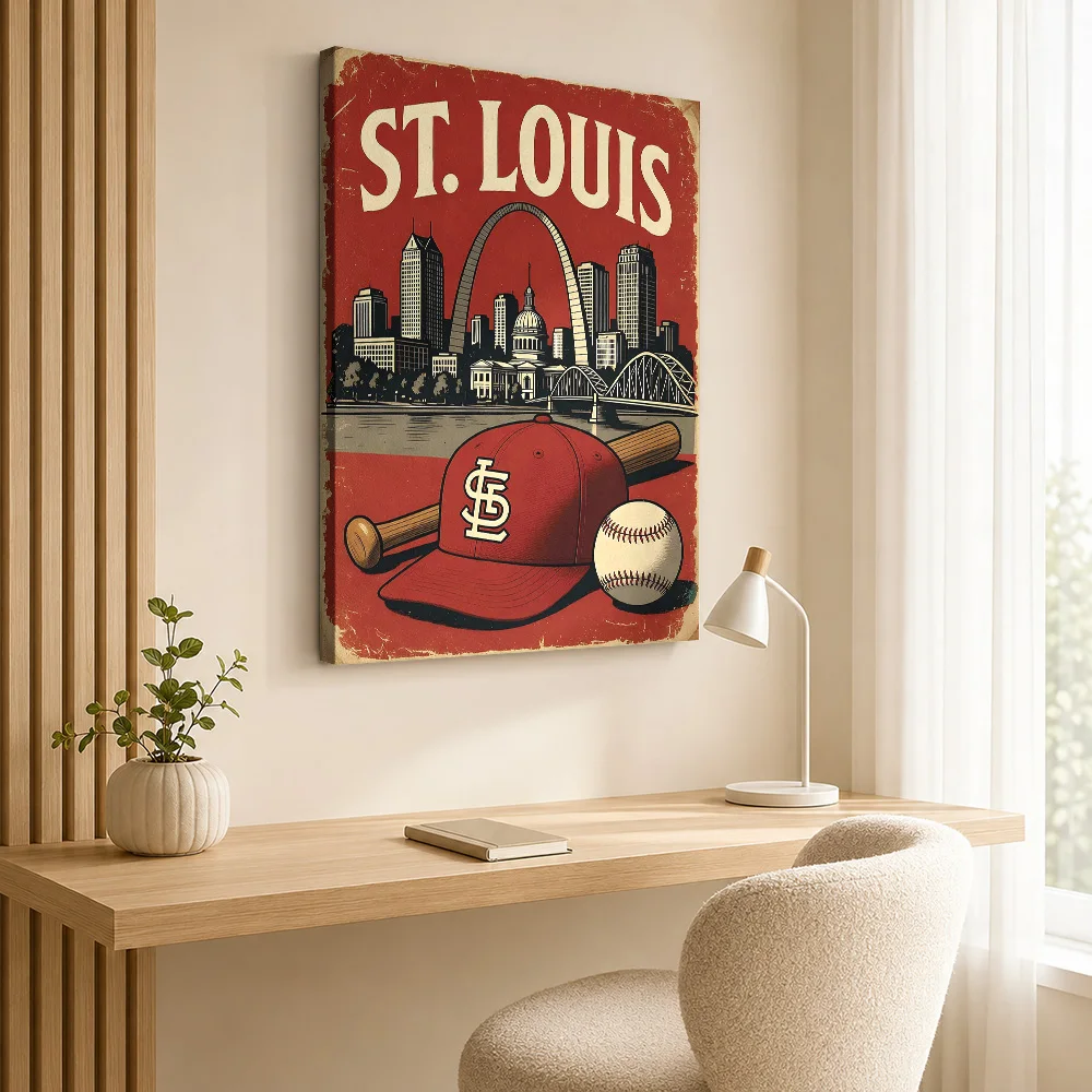 St. Louis Baseball Skyline Vintage Framed Canvas Poster Personalized Sports Portrait Wall Paintings Decoration for Bedroom Gym