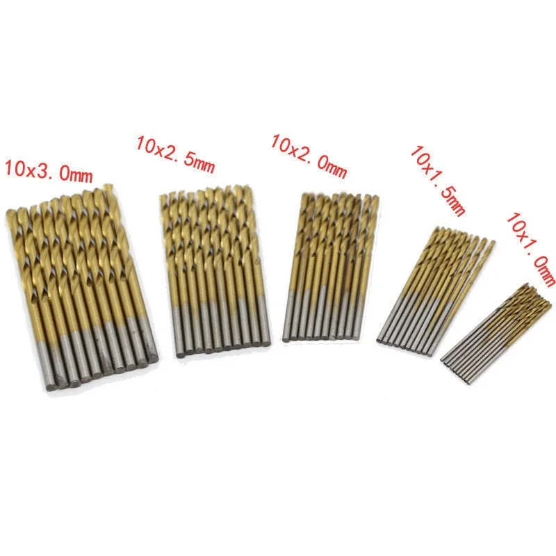 New 50Pcs HSS Titanium Coated High Speed Steel Twist Drill Bit Set Tool 1.0mm/1.5mm/2.0mm/2.5/3.0mm Hand Tools Power Parts Gold