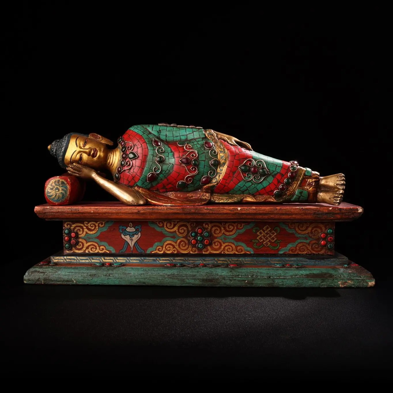 Nepal Pure Copper Shakyamuni Buddha Royal Ease Pose Gem Inlaid Painted Home Decor Statue