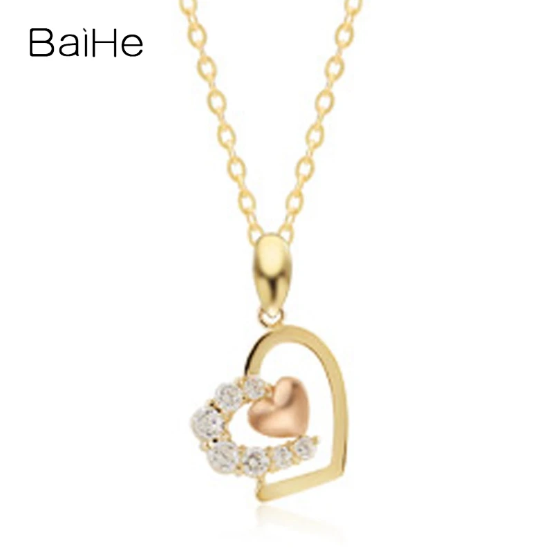 

BAIHE Real Solid 14K Yellow+Rose Gold Natural Diamond Heart Necklace Women Wedding Fine Jewelry Making Collier Coeur שרשרת לב