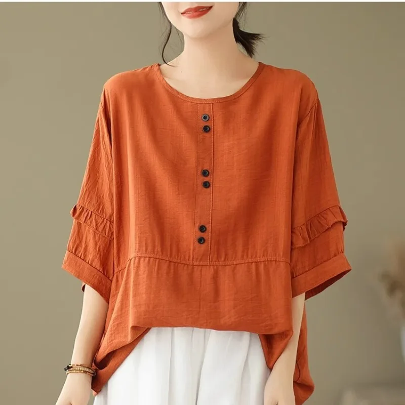 O-Neck Three Quarter Cotton Linen Comfortable Thin Top Large Size Female Clothing Summer Loose Elegant Solid Color Fashion Tees