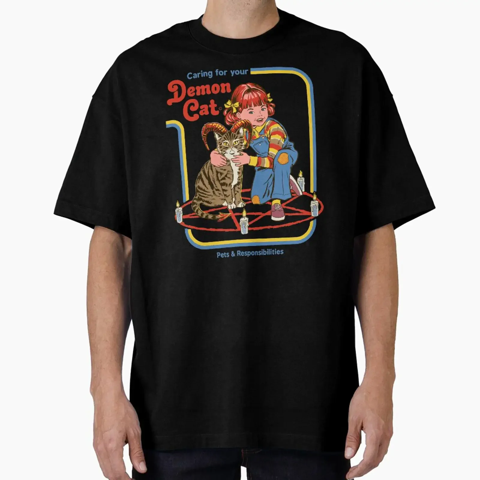 Caring For Your Demon Cat designed and sold by Steven Rhodes vintage Washed homme Breathable Casual Stylish Versatile Unisex