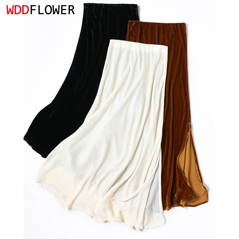 

100% Mulberry Silk Lining Women Velvet Silk Midi Skirt Fishtail Style Solid Color Slit-Hemline Chic Skirts Office Lady M1446