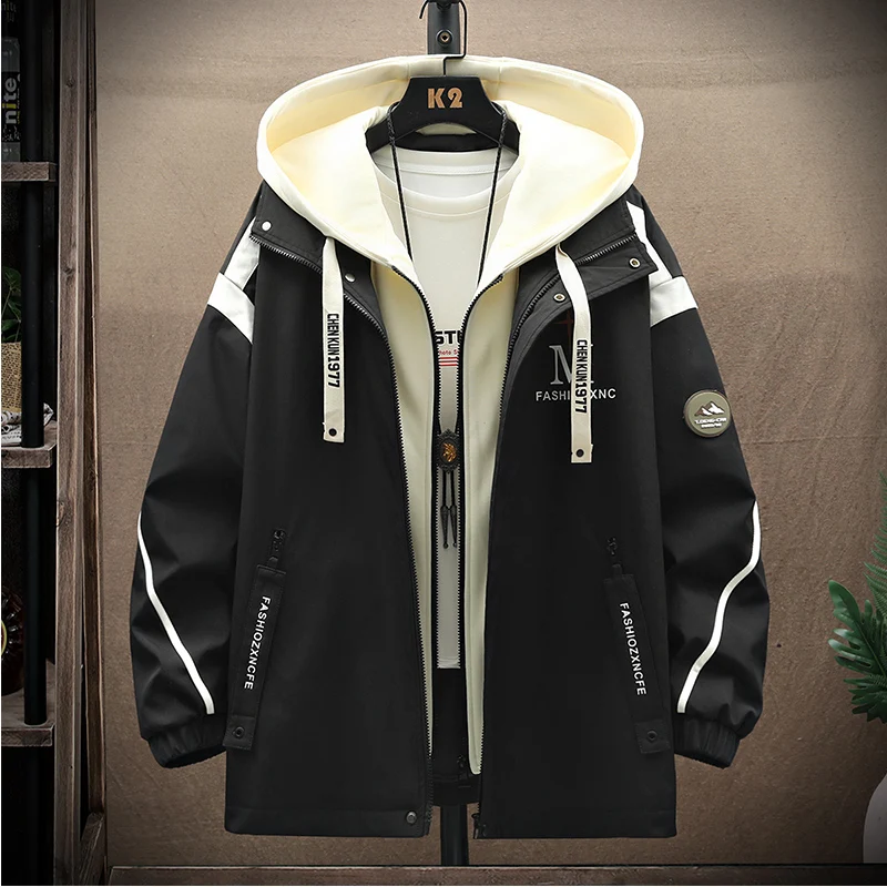 

Spring Autumn Hooded Jaet Fake Two-Piece Casual Trendy High School Student Boys Youth Faion Outerwear Zipper Closure Long...