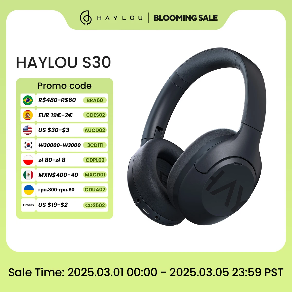 HAYLOU S30 Wireless Bluetooth 5.4 Headphones 43dB Adaptive Noise Cancelling Headsets 40mm Driver 80H Playtime Earphones