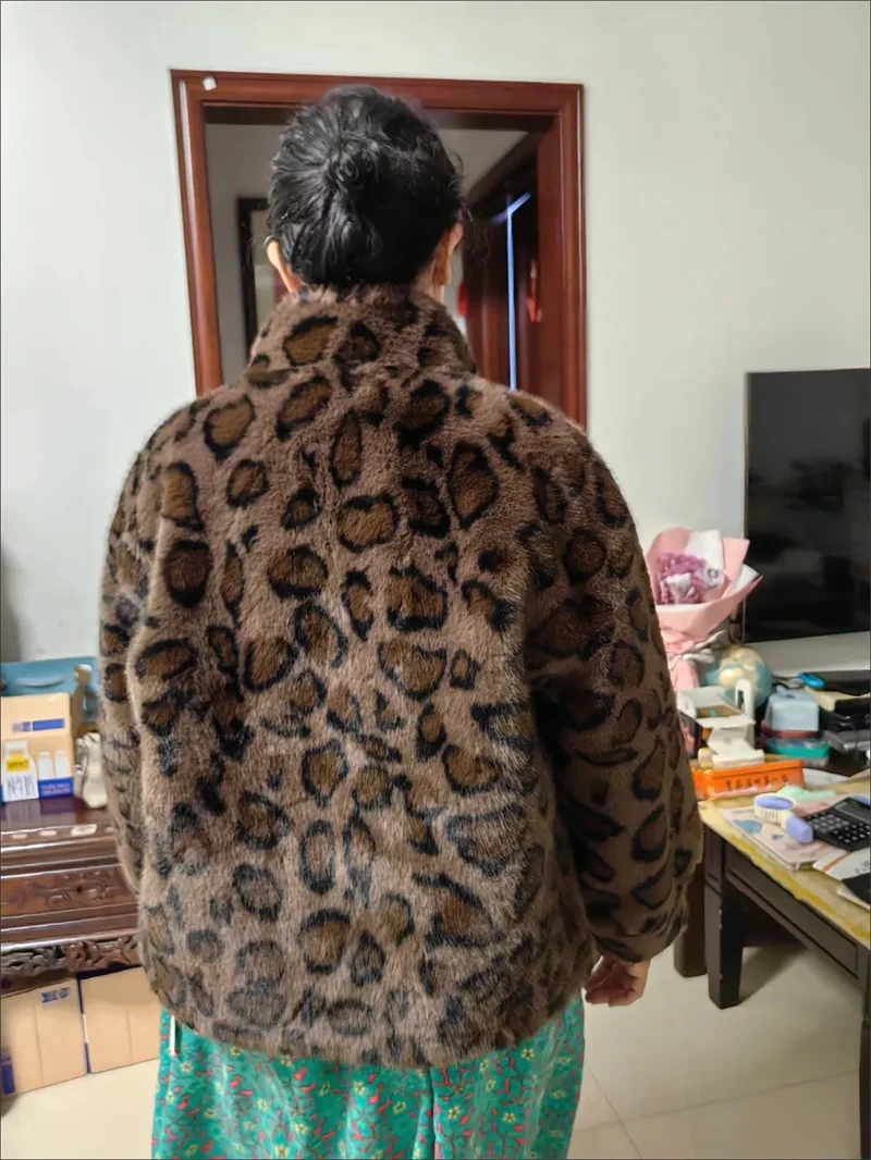Leopard-print Fur Coat Women's Short Mink Fur Jacket Autumn Winter Stand-up Collar Thicken Casual Outerwear Faux Fur Overcoat