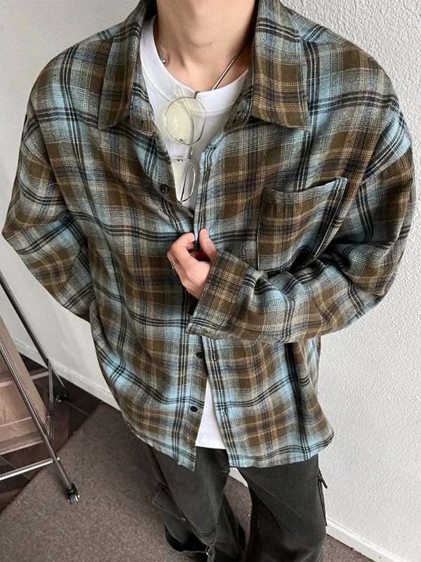 

Retro American Plaid irt Men's Long Sve Casual Outerwear Autumn Spring Season High Sensation Small ence Trendy
