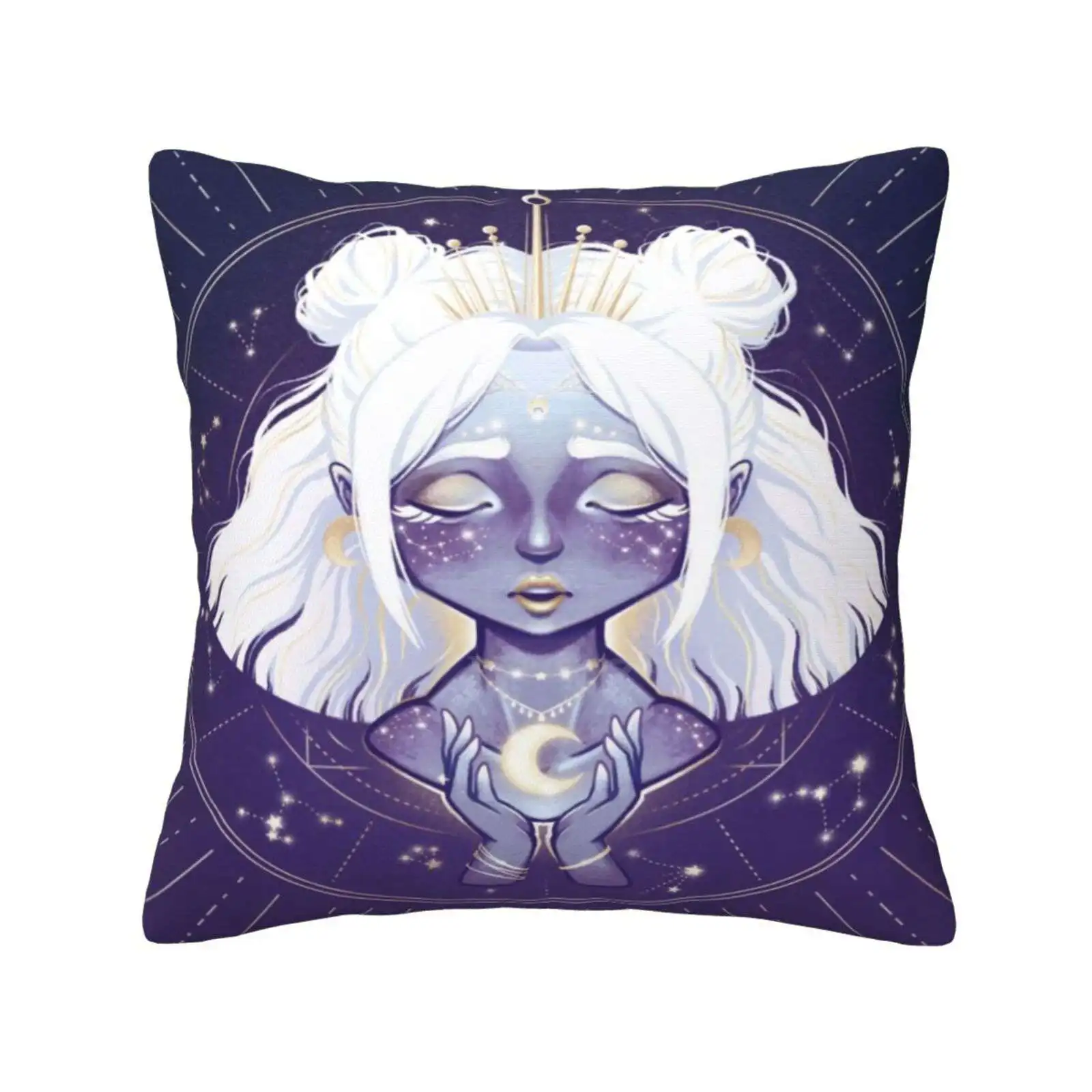 Lunar Guardian Pillow Cover Hug Pillowcase Moon Guardian Night Blue Purple Stars Constellation