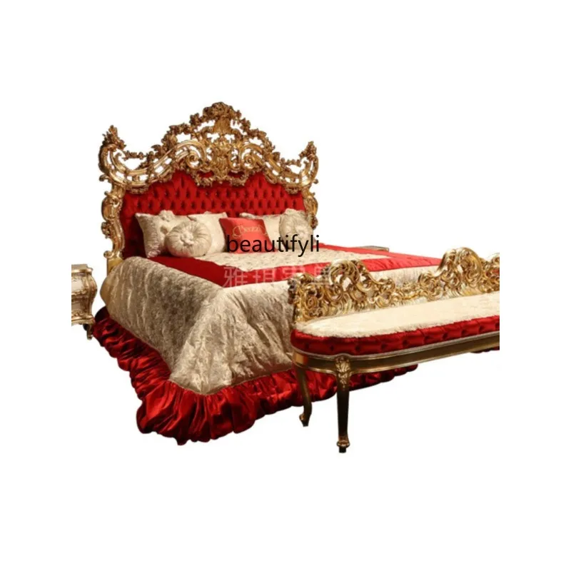 QQ132 European-Style Solid Wood Bed Fabric BedCarved Bed Retro French Classical Hand Carving Princess  Marriage