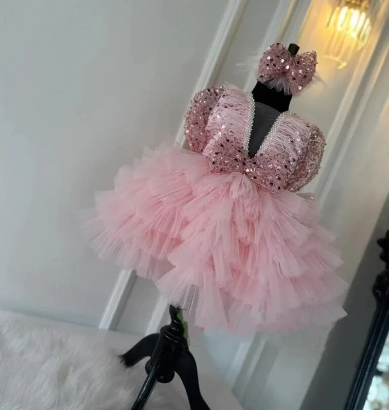 Puffy Tiered Flower Girl Dress Tulle Sequin Long Sleeve Knee Length Bow Pageant Ball Gown Feather Baby Kids Birthday Party Dress