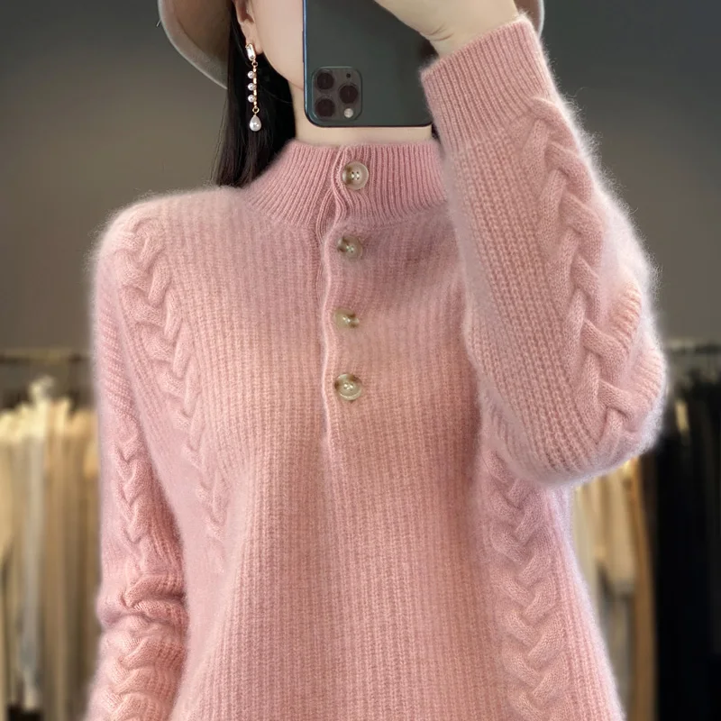 Sweter z kaszmiru damski 2023 jesień/zima nowy, dzianinowy sweter z półwysokim kołnierzem 100% wełna luźna koreańska moda luksusowy top