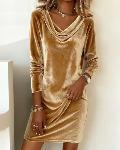 Women's Spring and Summer Velvet Dress with High Neck, Flattering Fit, Slimming, and Elegant Medium-Length Silky Velvet Skirt