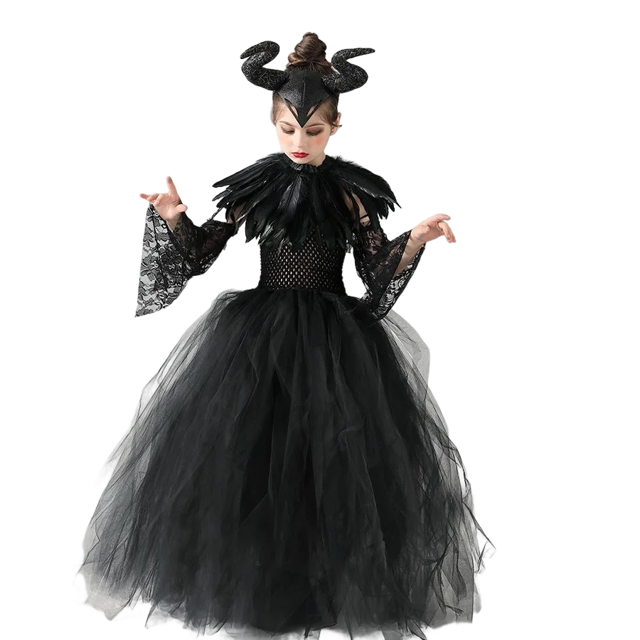 Halloween Costume Maleficent Tutu Dress For Girls Cosplay Evil Queen Black Mesh Princess Dress Kids Crow Wand Demon Witch Gown