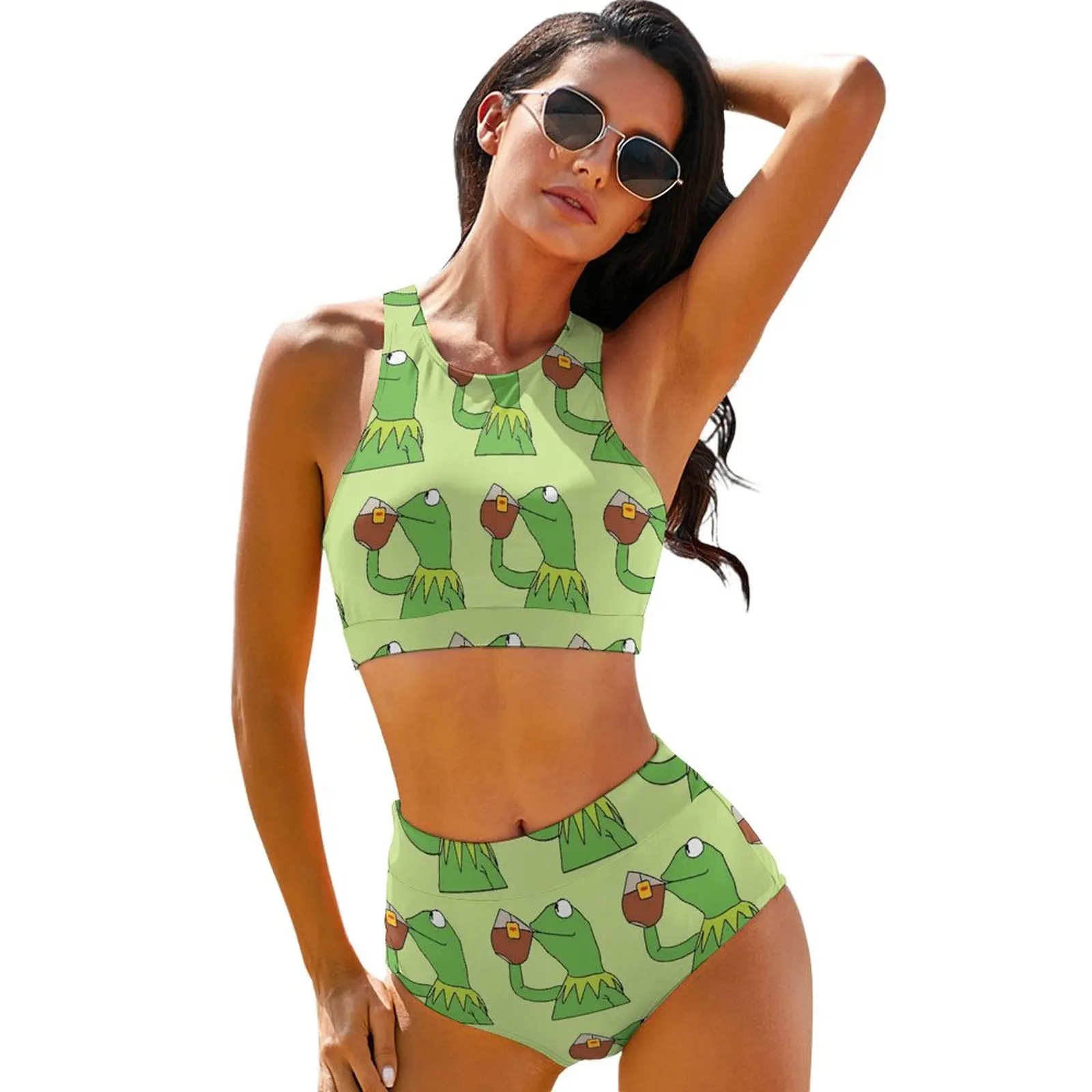 Divertente Frog Bikini Set il tè è stato servito Bikini costume da bagno Sexy 2 pezzi costumi da bagno a vita alta donna piscina abbigliamento da spiaggia personalizzato