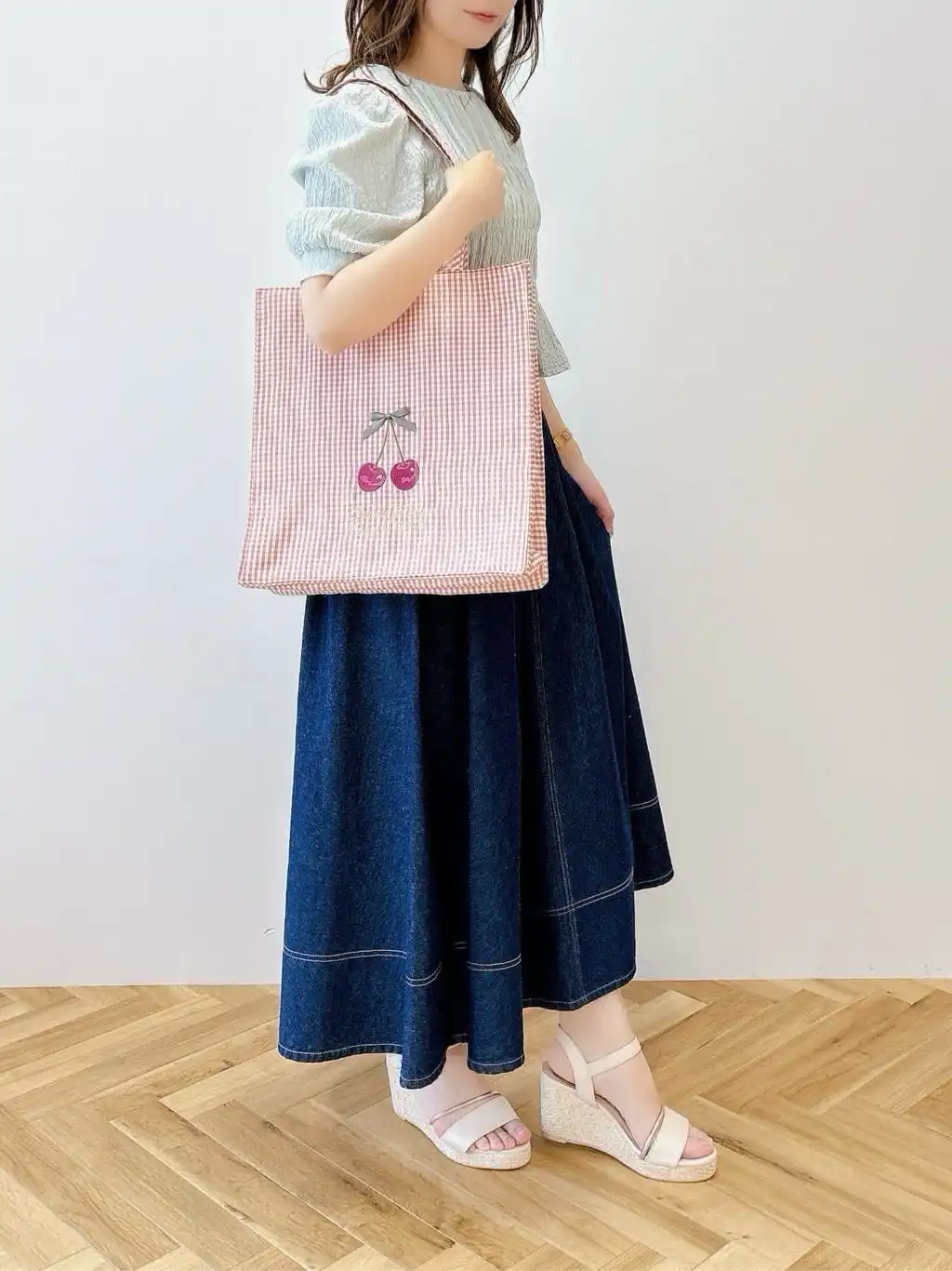 Japanese Summer New Female Girls Cute Bow Cherry Portable Shoulder Square Bag Plaid Shell Cosmetic Bag Tote Handbags