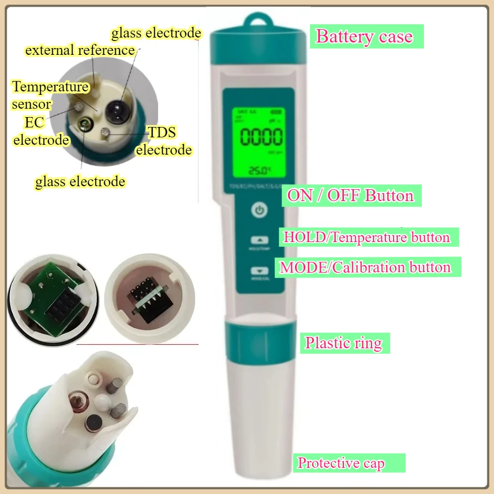 COM-600 7 في 1 PH TDS EC ORP الملوحة S. G مقياس الحرارة مراقبة جودة المياه اختبار IP67 لمياه الشرب وأحواض السمك مقياس درجة الحموضة