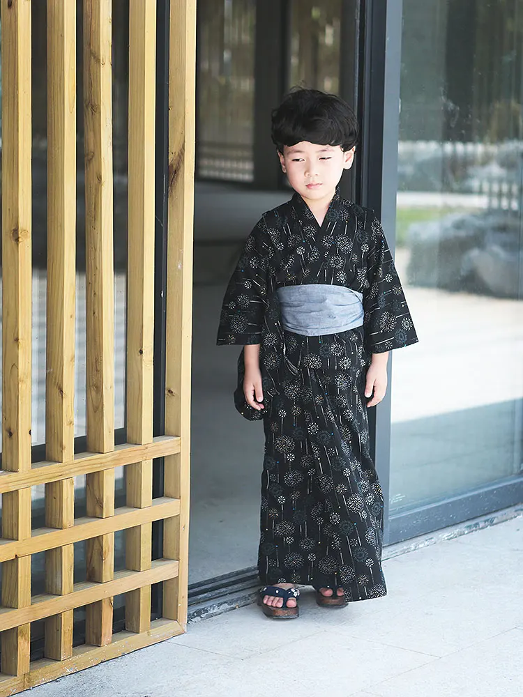 Japanese Children's Kimono Yukata Boy Formal Dress Traditional Clothing Cotton Photography Accessories 4pcs